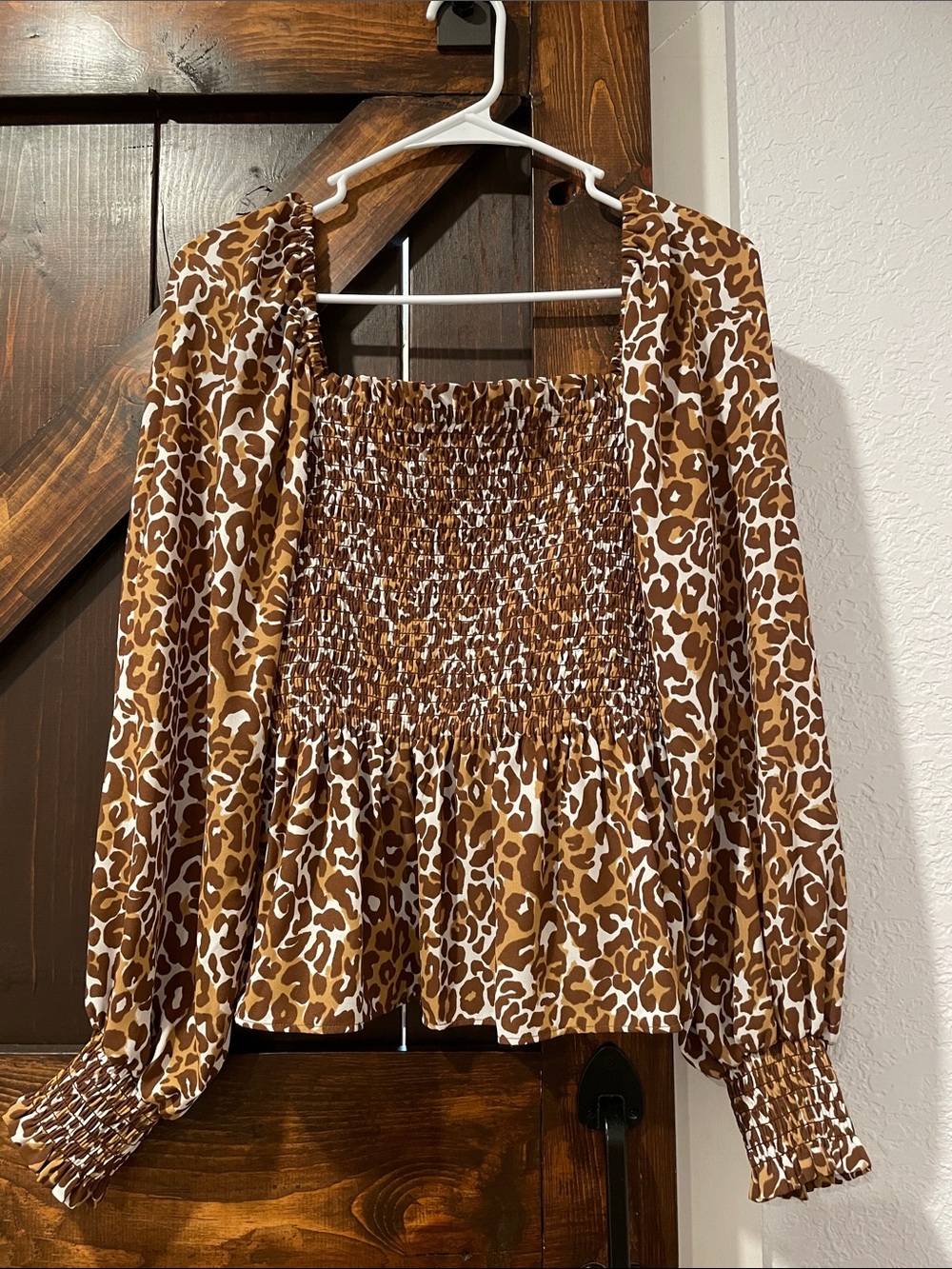Lilly Pulitzer Brown and White Leopard Smocked Long-Sleeve Blouse